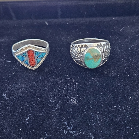 Vintage Zuni/Native Silver Rings with Turquoise and Coral Inlay... Stamped.. - Picture 3 of 5